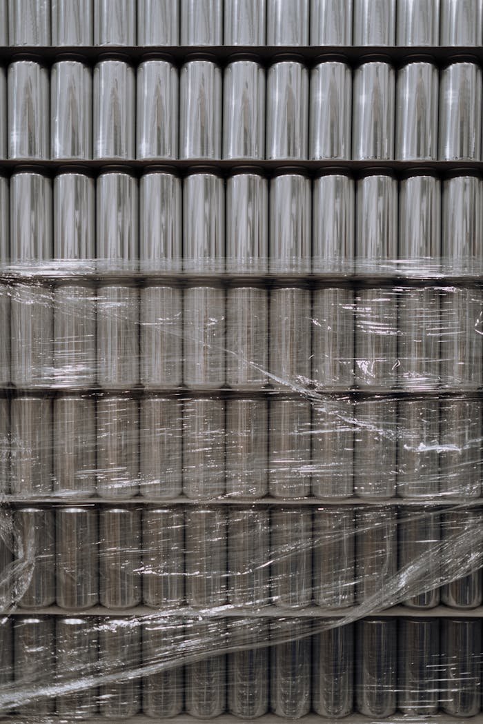 cta-02 Vertical shot of stacked aluminum cans wrapped in plastic, showcasing industrial packaging.