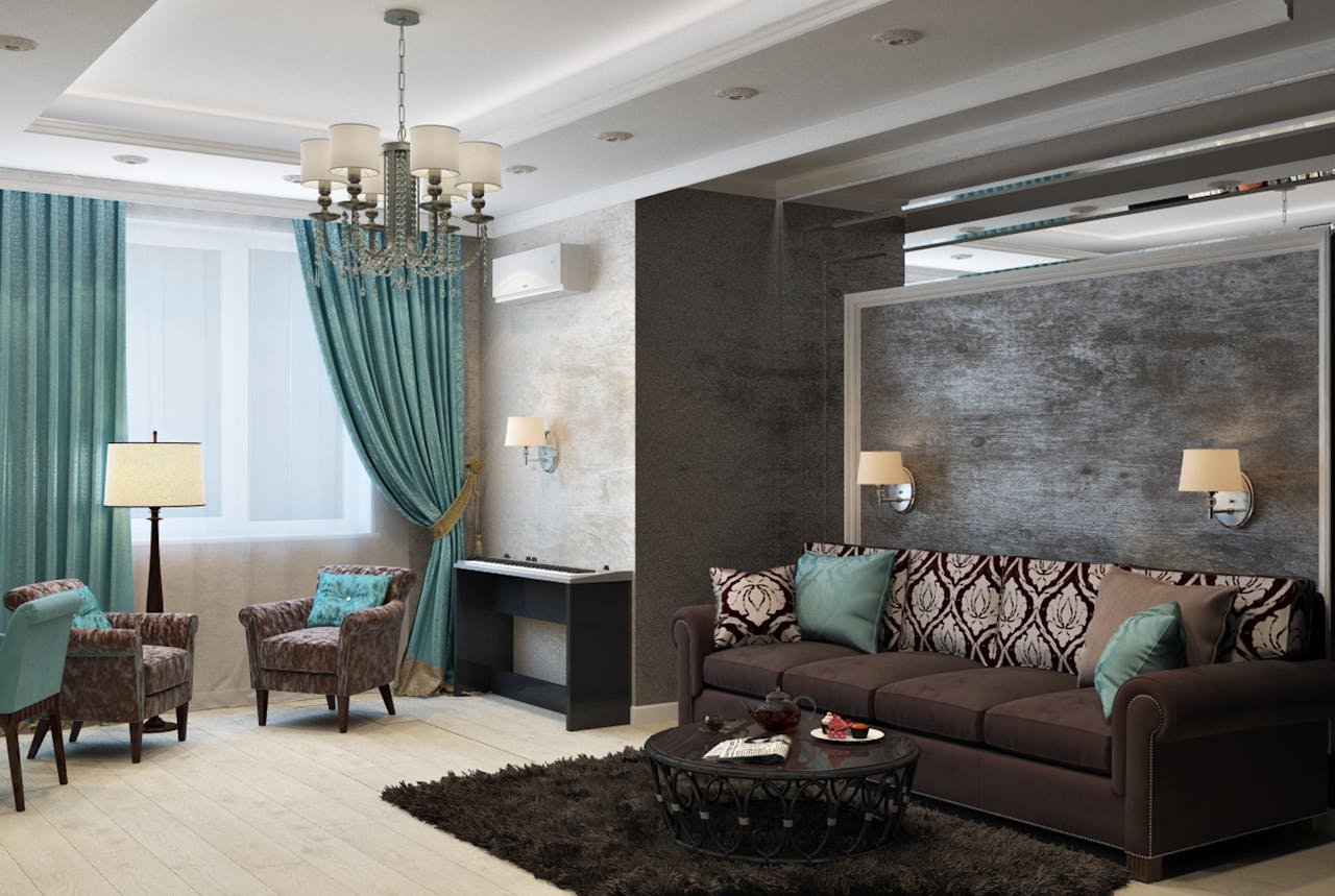 gallery-01 Luxurious modern living room with chandelier, sofa, armchairs, and stylish decor.